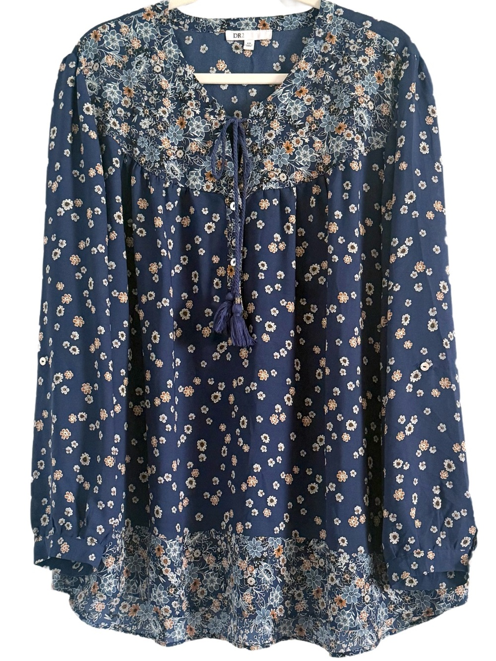 DR2 Navy Floral Tie-Front Peasant Tunic XXL